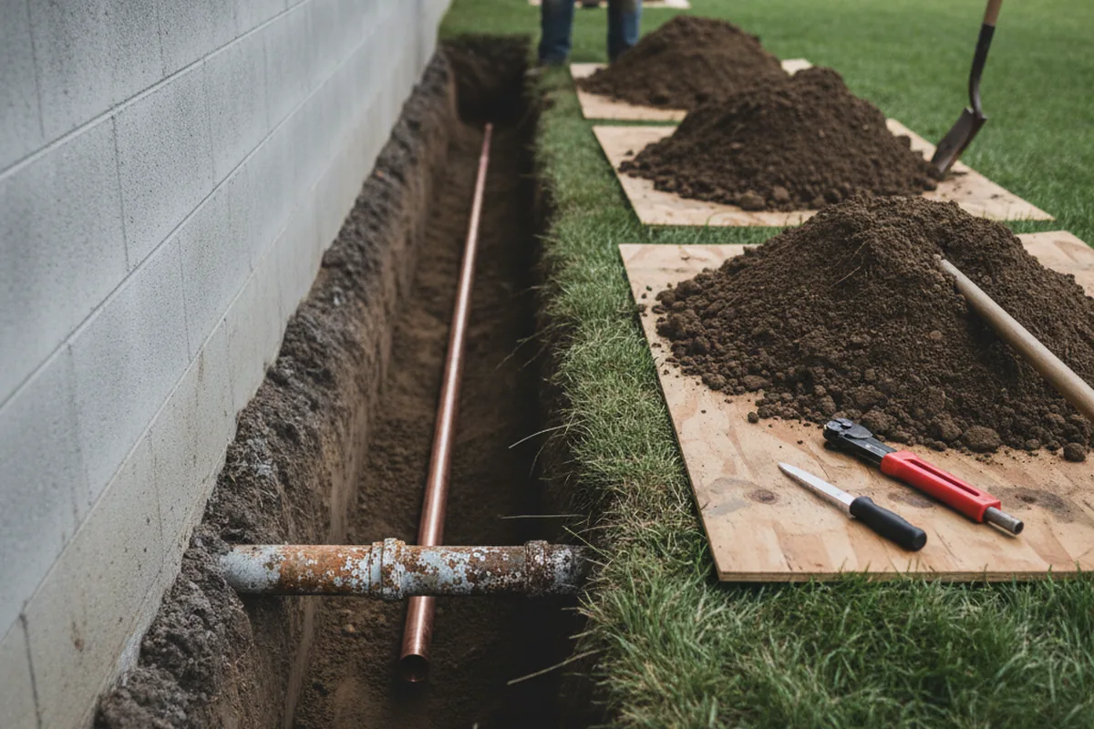 Excavated water line trench during Water Softener Installation in San Gabriel